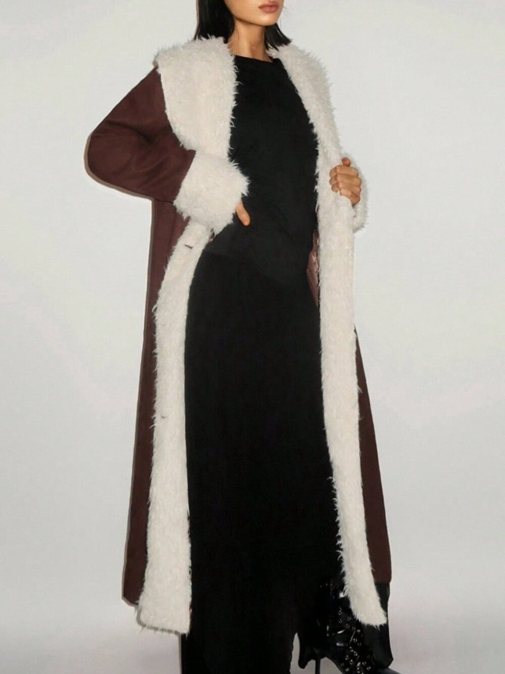 Brown Elegant Women's Single-Breasted Faux Fur Collar Patchwork Long Coat
